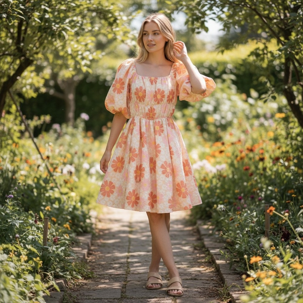 Mazik Dress Women's S Orange Pink Floral Puff Sleeve Square Neck Fit & Flare